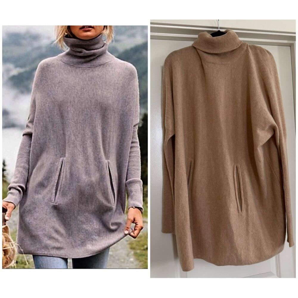 Garnet Hill Merino Wool Cashmere tunic sweater dress turtle neck XS beige